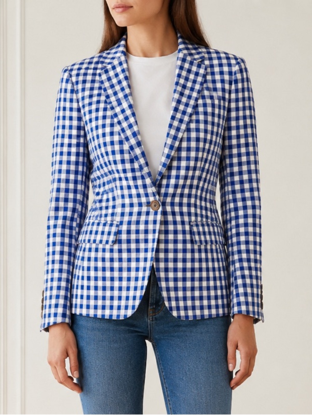 J. Crew Campbell Blazer Size 00 Blue White Gingham Linen Preppy Jacket NWOT